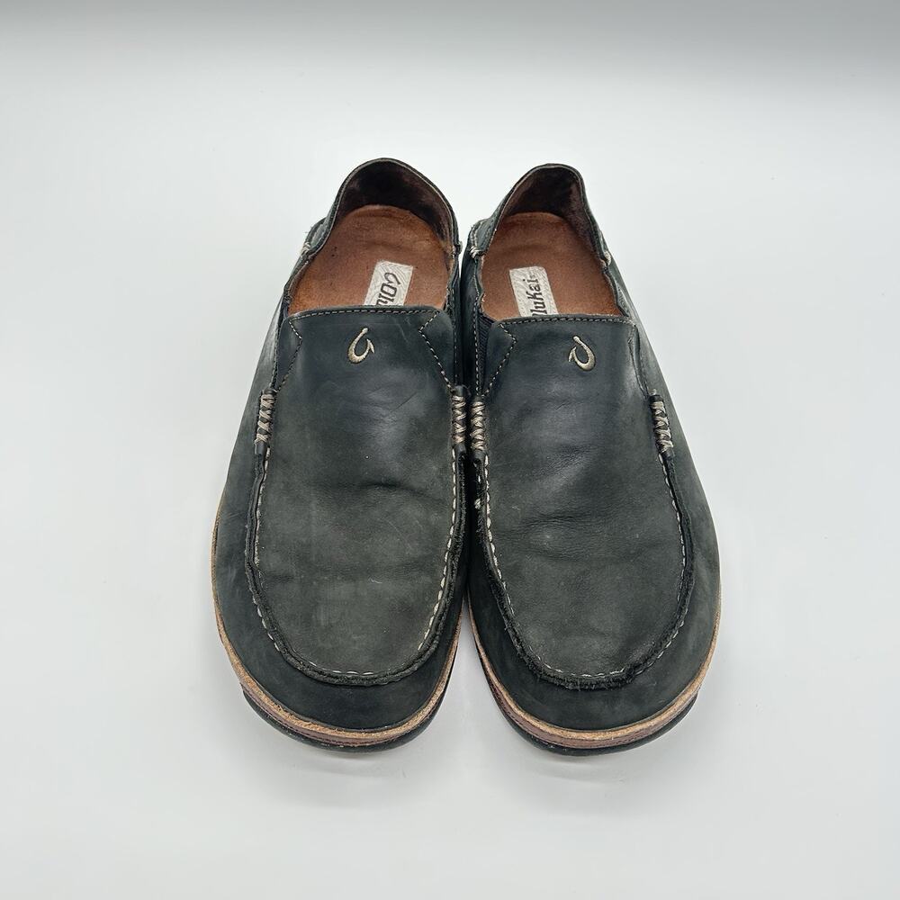 OluKai Moloa Mens 11 Black Leather Slip On Low Top Casual Comfort Loafers